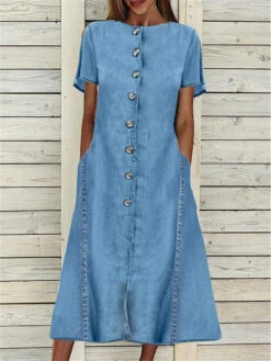 Women's Denim Dress Casual Dress Midi Dress Denim Basic Modern Outdoor Daily Crew Neck Button Pocket Short Sleeve Summer Spring 2023 Regular Fit Blue Plain S M L XL 2XL