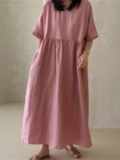 Women's Casual Dress Cotton Linen Dress Tiered Dress Maxi Long Dress Linen / Cotton Blend Daily Casual Outdoor Home Daily Crew Neck Pocket Short Sleeve Summer Spring 2023 Loose Fit Yellow Pink Plain