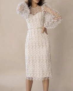 Women's Party Dress Lace Dress Sheath Dress Knee Length Dress White Long Sleeve Pure Color Lace Winter Fall Spring Crew Neck Elegant Winter Dress Birthday Wedding Guest 2023 S M L XL