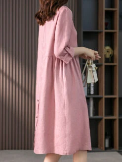 Women's Shirt Dress Casual Dress Cotton Linen Dress Midi Dress Cotton Blend Basic Casual Daily Vacation Shirt Collar Button Pocket 3/4 Length Sleeve Summer Spring Fall 2023 Loose Fit Pink Green Pure -Slay Clothing Shop 539c6754 05dd 4509 bb7e 7a83d8cd1cfd