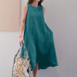 Women's Casual Dress Cotton Linen Dress Swing Dress Maxi Long Dress Cotton Blend Casual Daily Holiday Vacation Crew Neck Pocket Asymmetric Sleeveless Summer Spring 2023 Loose Fit Yellow Dark Green -Slay Clothing Shop 54f94bfe d35f 487c 8567 dda8dd590a34