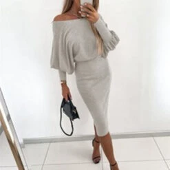 Women's Party Dress Sweater Dress Work Dress Midi Dress Black Khaki Grey Long Sleeve Pure Color Knit Spring Fall Off Shoulder Fashion Office 2023 XS S M L XL 2XL 3XL -Slay Clothing Shop 550414d7 efa9 467e ae07 e752febb560c