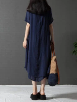 Women's Casual Dress Cotton Linen Dress White Dress Midi Dress Cotton Blend Basic Casual Outdoor Daily Vacation Crew Neck Print Short Sleeve Summer Spring 2023 Loose Fit White Navy Blue Flower M L XL -Slay Clothing Shop 553790ba d0c3 41b1 9740 b8b3e073beeb