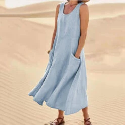 Women's Cotton Linen Casual Midi Shift Dress Sleeveless Pockets Crew Neck Spring Summer Blue Pink Khaki -Slay Clothing Shop 55470e5f 8a03 4f78 b3c8 ed3f24628392