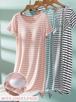 Women's Padded Nightgown Nightshirt Dress Stripe Fashion Casual Soft Home Daily Bed Polyester Breathable V Wire Short Sleeve Chest Pads Summer Spring Light Pink Black