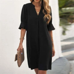 Women's Casual Dress Black Dress Mini Dress Black Short Sleeve Pure Color Chiffon Summer Spring V Neck Stylish Loose Fit 2023 S M L XL XXL