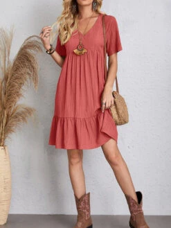 Women's Shift Dress Plain Dress Plain Ruffle V Neck Midi Dress Basic Classic Outdoor Daily Short Sleeve Loose Fit Black Pink Red Summer Spring S M L XL XXL -Slay Clothing Shop 563493cf 9051 458a 86c8 e81265126abc