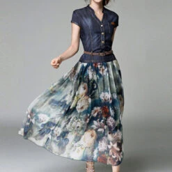 Women's Denim Dress Swing Dress Modern Dress Maxi Long Dress Denim Stylish Elegant Formal Outdoor Daily V Neck Patchwork Embroidered Short Sleeve Summer Spring Fall 2023 Regular Fit Black Blue Floral