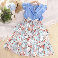 Kids Girls' Dress Floral Dress Floral Short Sleeve Casual Fashion Daily Cotton Knee-length Casual Dress A Line Dress Floral Dress Summer Spring 4-12 Years Sky Blue