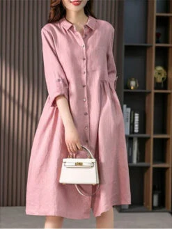 Women's Shirt Dress Casual Dress Cotton Linen Dress Midi Dress Cotton Blend Basic Casual Daily Vacation Shirt Collar Button Pocket 3/4 Length Sleeve Summer Spring Fall 2023 Loose Fit Pink Green Pure