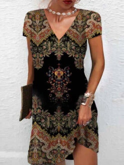 Women's Tribal Print V Neck Mini Dress Vintage Ethnic Daily Date Short Sleeve Summer Spring