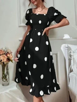 Women's Summer Dress Polka Dot Dress Polka Dot Print Ruched Square Neck Midi Dress Fashion Modern Daily Holiday Short Sleeve Slim Black Blue Brown Summer Spring S M L XL -Slay Clothing Shop 584db835 0022 44c8 bb25 e15c91c67b15