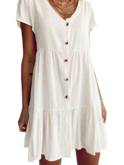 Women's Casual Dress Cotton Linen Dress Swing Dress Mini Dress Cotton Blend Basic Classic Outdoor Daily Vacation V Neck Ruched Button Short Sleeve Summer Spring 2023 Regular Fit White Blue Purple -Slay Clothing Shop 585f6913 4d1b 4f2e a822 52059be5a39f