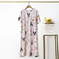 Cotton Silk Nightdress Women's Summer Thin Section Large Size Cartoon Short-sleeved Pajamas Artificial Cotton Long Dress Outerwear Home Service -Slay Clothing Shop 587df66e a959 45cd afd4 b87976bd7b87