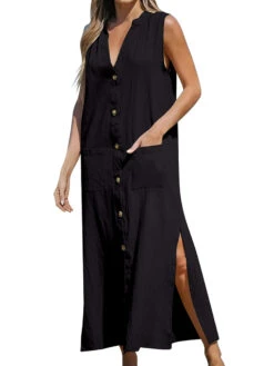 Women's Casual Dress Cotton Linen Dress Shift Dress Maxi Long Dress Cotton Blend Fashion Modern Outdoor Daily Vacation V Neck Button Pocket Sleeveless Summer Spring 2023 Loose Fit Light Blue Black -Slay Clothing Shop 595049a9 5d6c 4100 bef0 db5718a78a60
