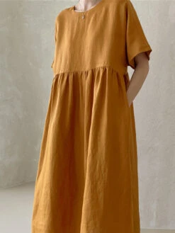 Women's Casual Dress Cotton Linen Dress Tiered Dress Maxi Long Dress Linen / Cotton Blend Daily Casual Outdoor Home Daily Crew Neck Pocket Short Sleeve Summer Spring 2023 Loose Fit Yellow Pink Plain -Slay Clothing Shop 59c5fdb3 b9ec 4438 a305 581a9c8a5317