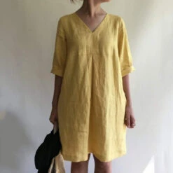 Women's Casual Dress Cotton Linen Dress Shift Dress Mini Dress Cotton Blend Basic Classic Outdoor Daily Vacation V Neck Ruched Rolled Cuff Half Sleeve Summer Spring Linen Loose Fit Black Yellow Wine -Slay Clothing Shop 59d59339 27f9 40cd 9675 a0acc8b595bd