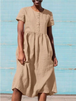 Women's Cotton Linen Dress Casual Dress Midi Dress Cotton Blend Basic Casual Outdoor Daily Crew Neck Ruched Button Short Sleeve Summer Spring 2023 Loose Fit ArmyGreen Navy Blue Orange Pure Color S M