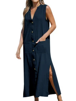 Women's Casual Dress Cotton Linen Dress Shift Dress Maxi Long Dress Cotton Blend Fashion Modern Outdoor Daily Vacation V Neck Button Pocket Sleeveless Summer Spring 2023 Loose Fit Light Blue Black -Slay Clothing Shop 5a9eb5ab 1af4 4086 b6ba 85951c608b8c