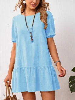 Women's Casual Dress Cotton Linen Dress A Line Dress Mini Dress Cotton Blend Basic Casual Outdoor Daily Crew Neck Ruched Short Sleeve Summer Spring 2023 Loose Fit Black Yellow Sky Blue Plain S M L XL -Slay Clothing Shop 5abbfc64 5a28 44f8 a102 f0836ceaa8f0