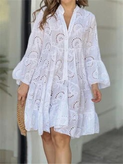 Women's Casual Dress White Dress Summer Dress Mini Dress Button Eyelet Daily Holiday Date Fashion Basic Split Neck Long Sleeve 2023 Loose Fit White Yellow Pink Color S M L XL XXL Size
