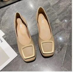 Women's Flats Dress Shoes Flat Heel Square Toe Rubber PU Loafer Solid Colored Almond Beige