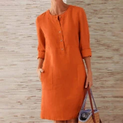 Women's Cotton Linen Shift Dress Knee-Length Crew Neck Pocket Spring Summer Fall