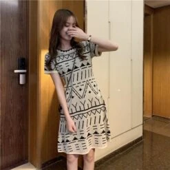 2023 Korean Version Of The New Cute Little Fragrant Style Pullover Short-Sleeved Knitted Skirt Geometric Pattern Temperament Dress -Slay Clothing Shop 5c9e41b0 9fc2 45d2 826f 1b07f3c7db6d