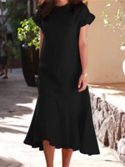 Women's Casual Dress Cotton Linen Dress Sheath Dress Midi Dress Cotton Blend Fashion Modern Outdoor Daily Vacation Crew Neck Ruffle Short Sleeve Summer Spring 2023 Loose Fit Black Pink Blue Plain S M -Slay Clothing Shop 5ca54493 a2ef 4471 b796 81968dd08610