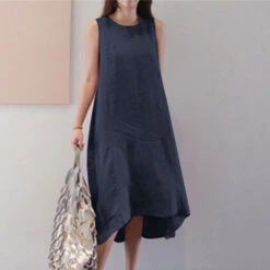Women's Casual Dress Cotton Linen Dress Swing Dress Maxi Long Dress Cotton Blend Casual Daily Holiday Vacation Crew Neck Pocket Asymmetric Sleeveless Summer Spring 2023 Loose Fit Yellow Dark Green -Slay Clothing Shop 5ca773c4 c146 4e23 a28f 447a6736574e