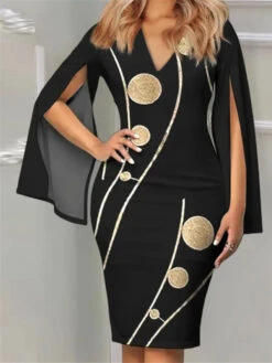 Women‘s Wedding Guest Dress Party Dress Cocktail Dress Midi Dress Black Long Sleeve Geometric Print Spring Fall Winter V Neck Party Office Vacation Summer Dress S M L XL 2XL 3XL
