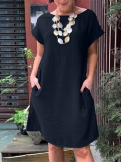 Women's Casual Dress Cotton Linen Dress Shift Dress Midi Dress Cotton Blend Basic Classic Outdoor Daily Boat Neck Pocket Rolled Cuff Short Sleeve Summer Spring 2023 Loose Fit Black Camel Brown Pure