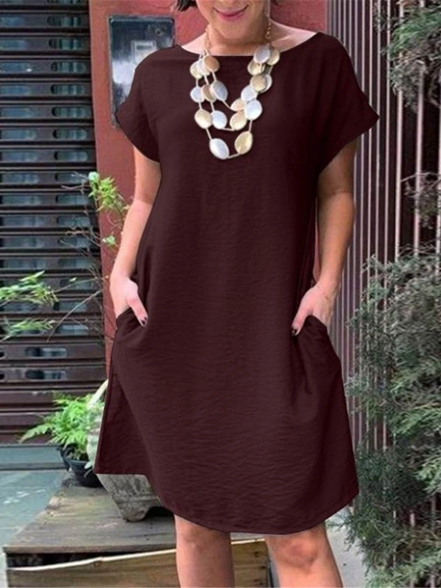Women's Casual Dress Cotton Linen Dress Shift Dress Midi Dress Cotton Blend Basic Classic Outdoor Daily Boat Neck Pocket Rolled Cuff Short Sleeve Summer Spring 2023 Loose Fit Black Camel Brown Pure 2 Women's Casual Dress Cotton Linen Dress Shift Dress Midi Dress Cotton Blend Basic Classic Outdoor Daily Boat Neck Pocket Rolled Cuff Short Sleeve Summer Spring 2023 Loose Fit Black Camel Brown Pure - Image 2