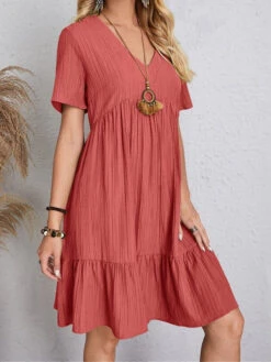 Women's Shift Dress Plain Dress Plain Ruffle V Neck Midi Dress Basic Classic Outdoor Daily Short Sleeve Loose Fit Black Pink Red Summer Spring S M L XL XXL -Slay Clothing Shop 5e620e74 ff98 49a6 b8ef b7ac16ee5c59