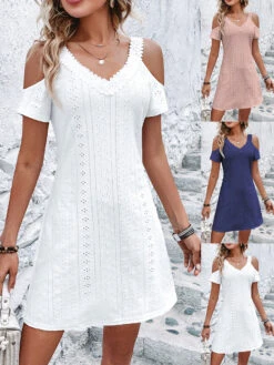 Women's Casual Dress Lace Dress Summer Dress Mini Dress Lace Eyelet Outdoor Daily Vacation Fashion Modern V Neck Short Sleeve 2023 Regular Fit White Pink Blue Color S M L XL Size