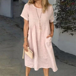 Women's Casual Dress Cotton Linen Dress Shift Dress Midi Dress Cotton Blend Basic Casual Daily Holiday Vacation Crew Neck Pocket Short Sleeve Summer Spring 2023 Loose Fit White Pink Blue Pure Color S -Slay Clothing Shop 5ed4375c a69a 4aad 81e1 b93b6347ac23