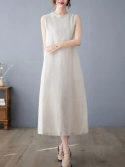 Women's Casual Dress Cotton Linen Dress A Line Dress Midi Dress Linen Cotton Blend Basic Modern Outdoor Daily Vacation Stand Collar Pocket Sleeveless Summer Spring 2023 Loose Fit Navy Blue Apricot -Slay Clothing Shop 5f8c0710 5371 466e a41d 3f10d6831d01