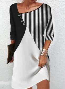 Women's Casual Dress Shift Dress Color Block Line Patchwork V Neck Midi Dress Office 3/4 Length Sleeve Summer Spring