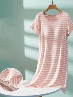 Women's Padded Nightgown Nightshirt Dress Stripe Fashion Casual Soft Home Daily Bed Polyester Breathable V Wire Short Sleeve Chest Pads Summer Spring Light Pink Black -Slay Clothing Shop 5fbef2d2 4807 4acd aed7 3be1d845c4d0