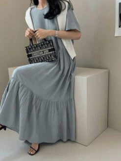Women's Casual Dress Cotton Linen Dress Swing Dress Maxi Long Dress Cotton Blend Basic Casual Outdoor Daily Vacation Crew Neck Pocket Short Sleeve Summer Spring 2023 Loose Fit Black Navy Blue Sky Blue -Slay Clothing Shop 61648bda 034b 4cb4 952d efc39a5bc100
