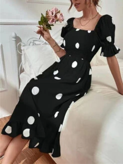 Women's Summer Dress Polka Dot Dress Polka Dot Print Ruched Square Neck Midi Dress Fashion Modern Daily Holiday Short Sleeve Slim Black Blue Brown Summer Spring S M L XL -Slay Clothing Shop 616c6a3f 0976 4bcf 9ee0 58188a63aa68