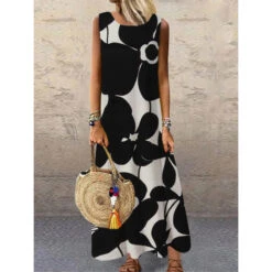 Women's Shift Dress Long Dress Maxi Dress Black Sleeveless Floral Print Spring Summer Crew Neck 2023 S M L XL XXL 3XL