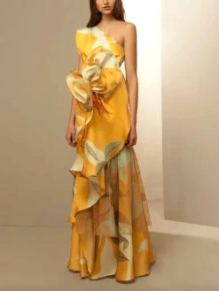Women's Prom Dress Party Dress Ruffle Layered One Shoulder Sleeveless Print Birthday Summer Dress Vintage Formal Yellow Summer Spring