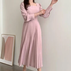 Women's Party Dress Wedding Guest Dress A Line Dress Midi Dress Pink Khaki Long Sleeve Pure Color Ruched Spring Fall Winter Square Neck Modern Winter Dress Vacation Fall Dress Slim 2023 S M L XL -Slay Clothing Shop 627677d6 114d 407d ada6 90ec0c32d94d