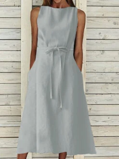 Women's Casual Dress Cotton Summer Dress Midi Dress Linen Cotton And Linen Lace Up Pocket Basic Classic Daily Vacation Crew Neck Sleeveless Summer Spring Navy Blue Orange Plain