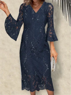 Women's Party Dress Sequin Dress Lace Dress Midi Dress Navy Blue 3/4 Length Sleeve Pure Color Lace Summer Spring Fall V Neck Fashion Wedding Guest Vacation Summer Dress 2023 S M L XL 2XL 3XL