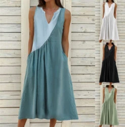 Women's White Dress Cotton Linen Dress Midi Dress Linen Ruched Pocket Basic Casual Daily Vacation V Neck Sleeveless Summer Spring Black White Plain -Slay Clothing Shop 651b1a38 35e6 4b07 98a6 187182a90ffd