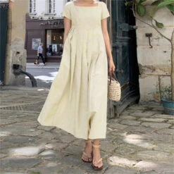 Women's Casual Dress Cotton Summer Dress Maxi Dress Linen Ruched Smocked Basic Casual Daily Date Square Neck Short Sleeve Summer Spring Army Green Navy Blue Pure Color