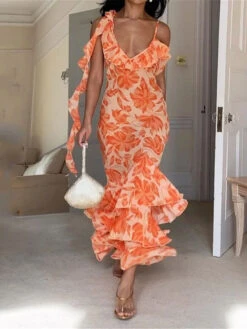 Women's Prom Dress Party Dress Wedding Guest Dress Long Dress Maxi Dress Blue Orange Sleeveless Floral Ruffle Summer Spring Fall Spaghetti Strap Fashion Evening Party Wedding Guest Vacation 2023 S M -Slay Clothing Shop 65cbf621 2573 4324 8612 3b0f35678524