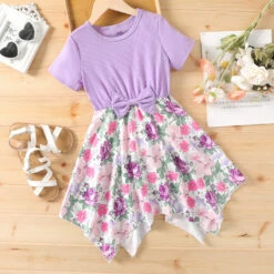 Kids Girls' Floral Dress Floral Short Sleeve Casual Ruched Patchwork Daily Polyester Floral Dress Summer Spring 7-13 Years Purple